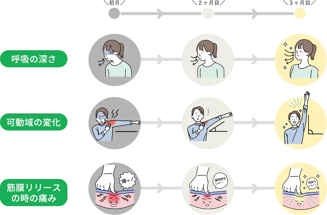 呼吸の深さ・可動域の変化・筋膜リリースの時の痛みを重点的にチェックします。